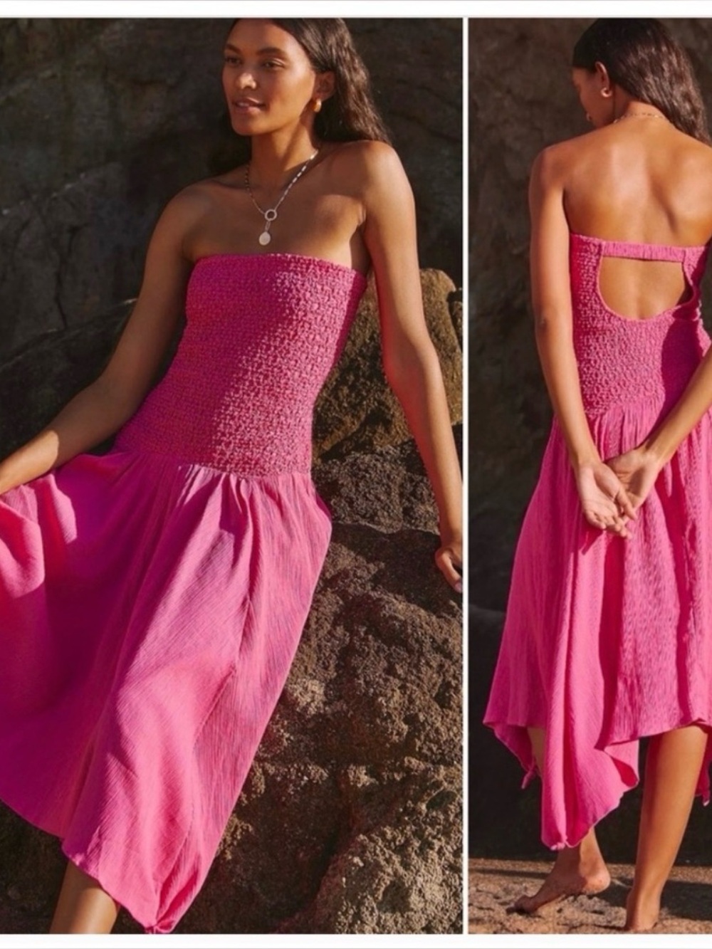 Anthropologie Strapless Smocked Dress in Vibrant Pink S